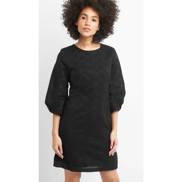 GAP A LINE BALLOON SLEEVE EYELET BLACK DRESS SIZE 14 Tall PREPPY - Picture 1 of 10